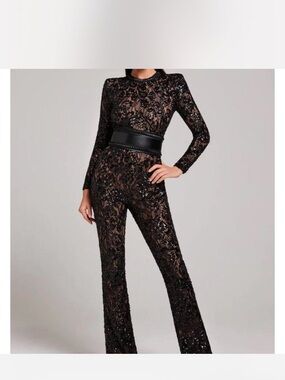 NADINE MERABI Black Lace Sequin Jumpsuit with Wide Waist Belt